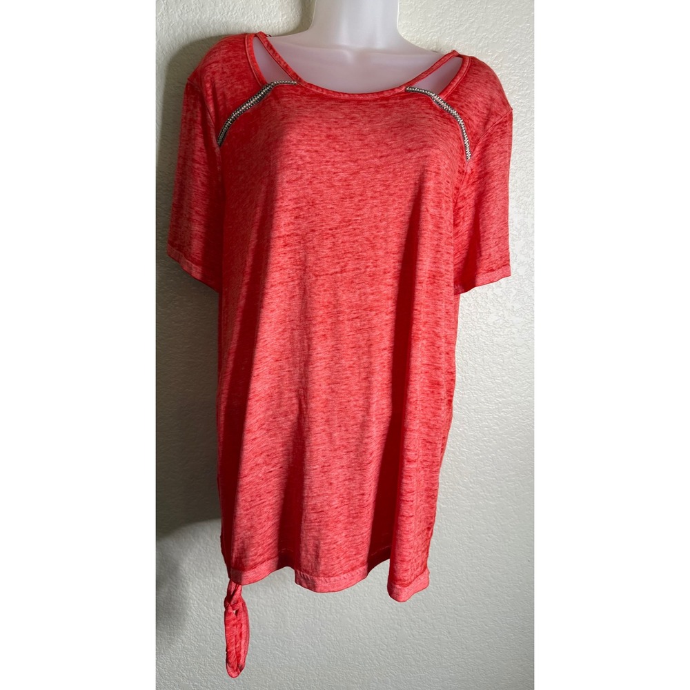 Juicy Couture Womens XL T-Shirt Coral Heathered Cutout Beaded Trim Side Tie Hem